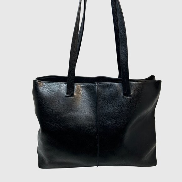 Crazy Horse Black Faux Leather Tote Bag With Double Straps & Zipper Closure - Picture 2 of 11
